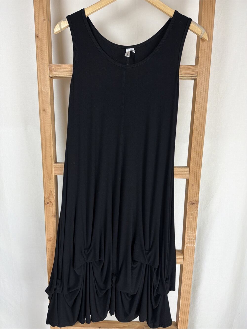 NWT Kleen Black Round Neck Draped Hem Midi Tank Dress Ruched #0858 Size XS